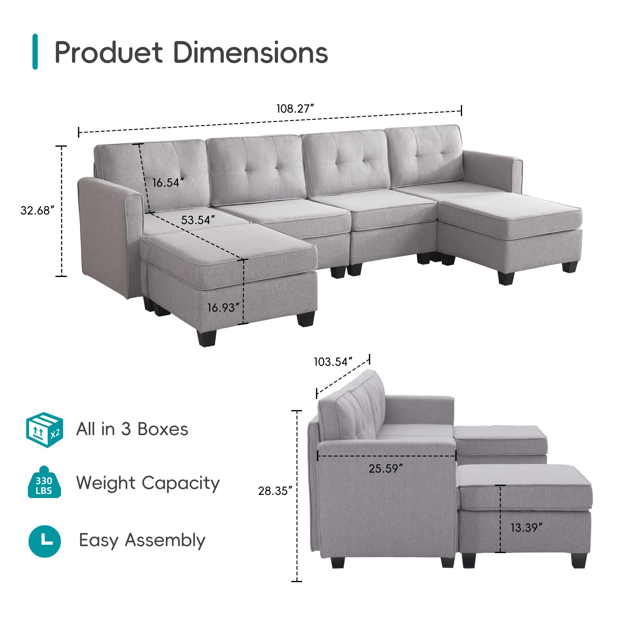 Tbfit Modular Sectional Couch Sofa, Convertible U Shaped Couch with Storage Ottomans, 6 Seat Modular Sectionals Sofa Couches for Living Room, Light Grey