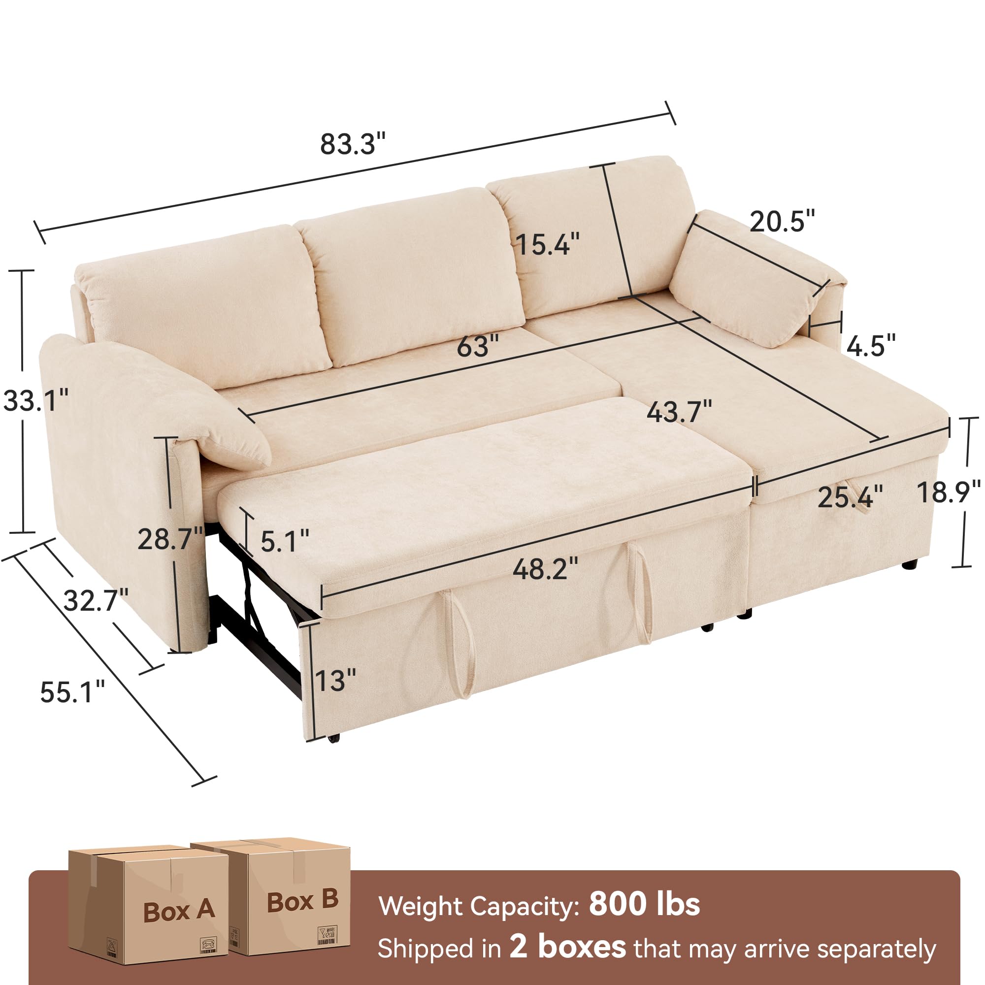 Tbfit Sleeper Sofa Couch with Pullout Bed, 83’’Sofa Bed Couch with Storage Chaise & USB, Chenille Convertible Sleeper Sofa, Pull Out Sofa for Living Room, Beige