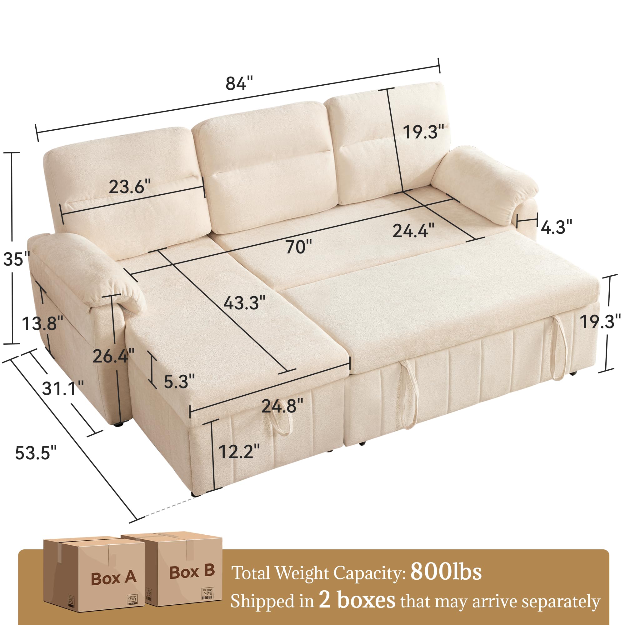 Tbfit 84’’ 3 in 1 Sleeper Sofa Couch with Pullout Bed, Cloud Sofa Bed Couch with Storage Chaise & USB, Chenille Velvet Convertible Sleeper Sofa, Pull Out Sofa for Living Room, Small Spaces, Beige