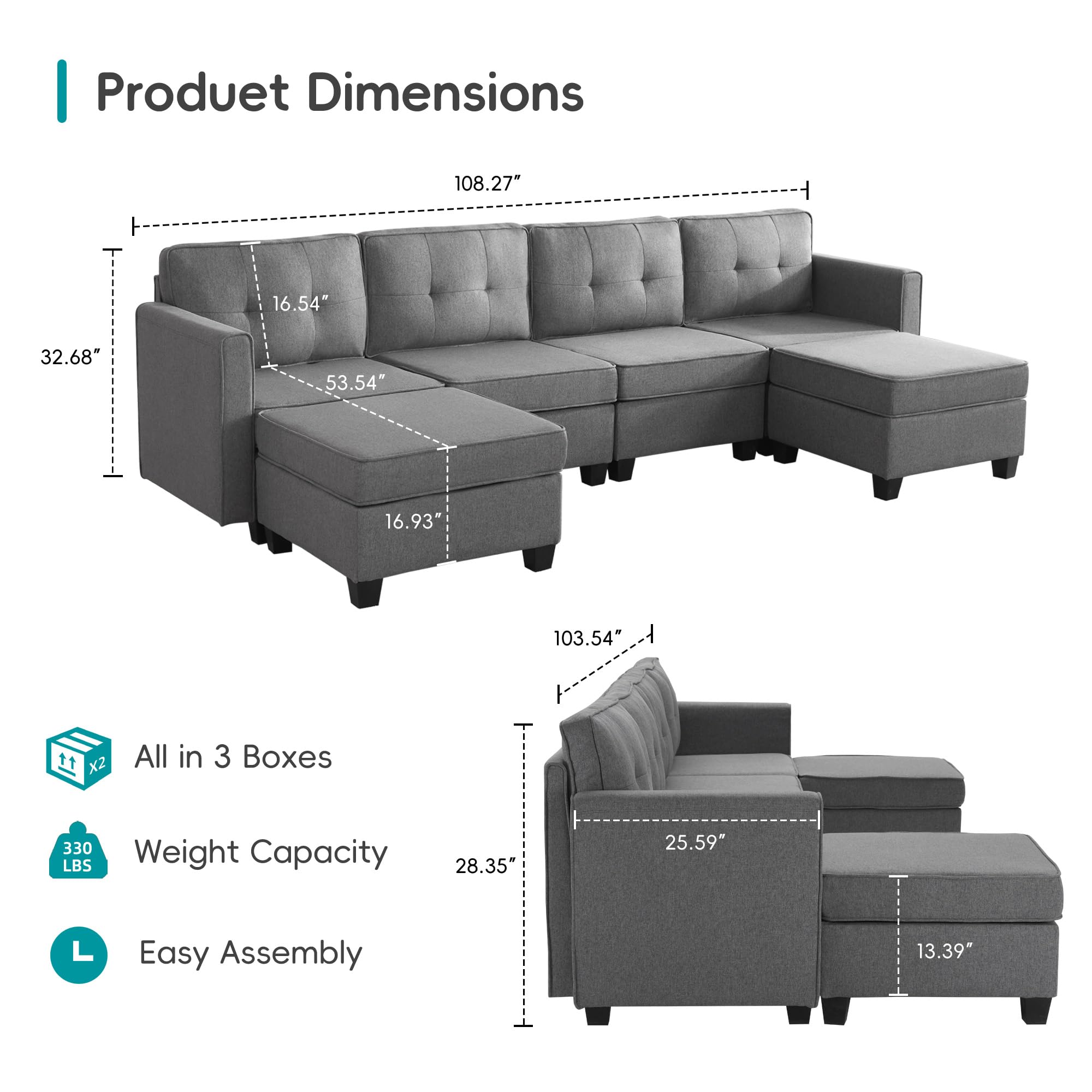 Tbfit Modular Sectional Sofa with Storage, Convertible U Shaped Sofa Couch with Ottomans, Modular Sectionals Sofa Couch with Chaise 6 Seat for Living Room, Dark Grey