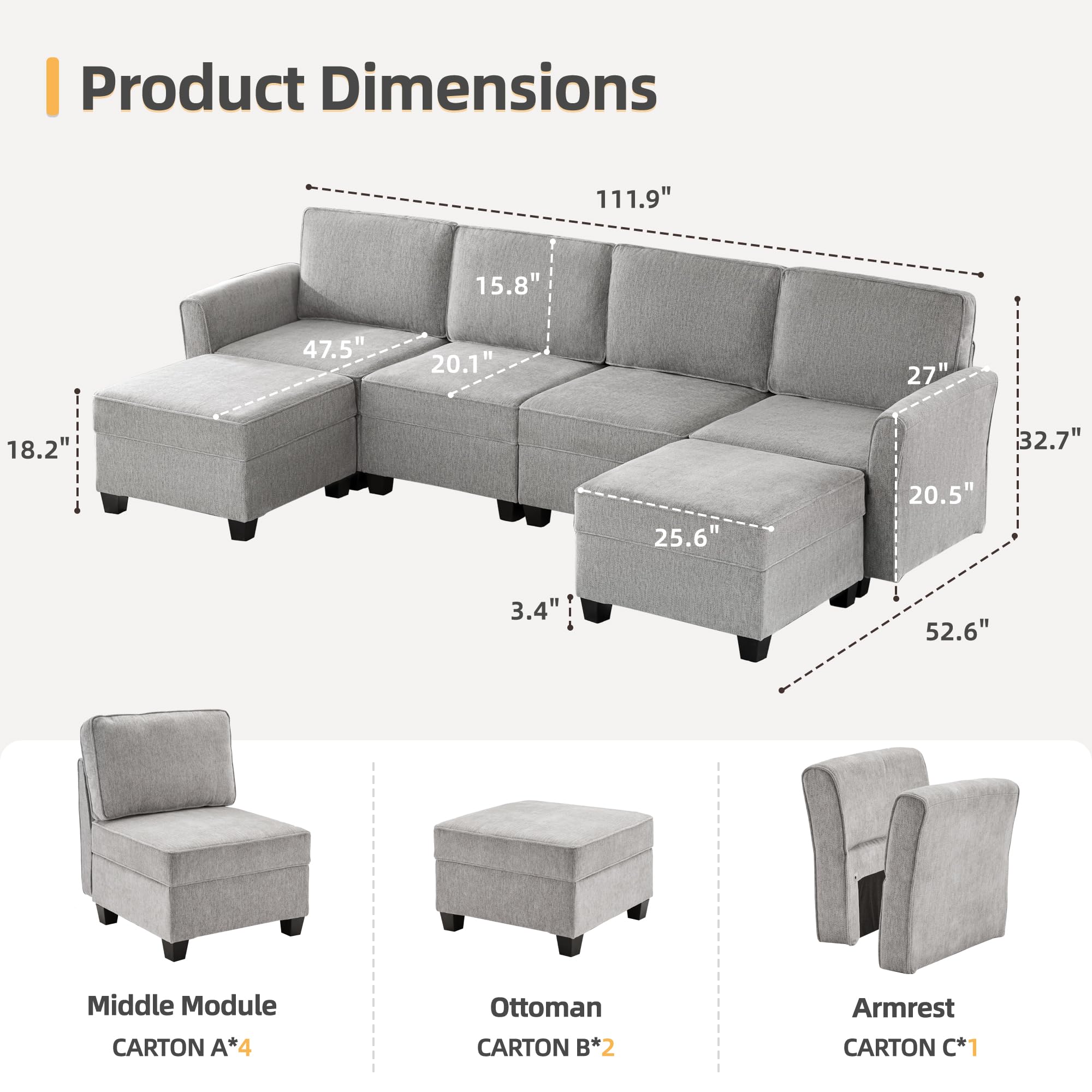 Tbfit Modular Sectional Sofas for Living Room, Sleeper Sofa Bed with Storage Ottoman, Convertible U-Shaped Couch with Adjustable Armrests and Backrests, Light Grey(Chenille)