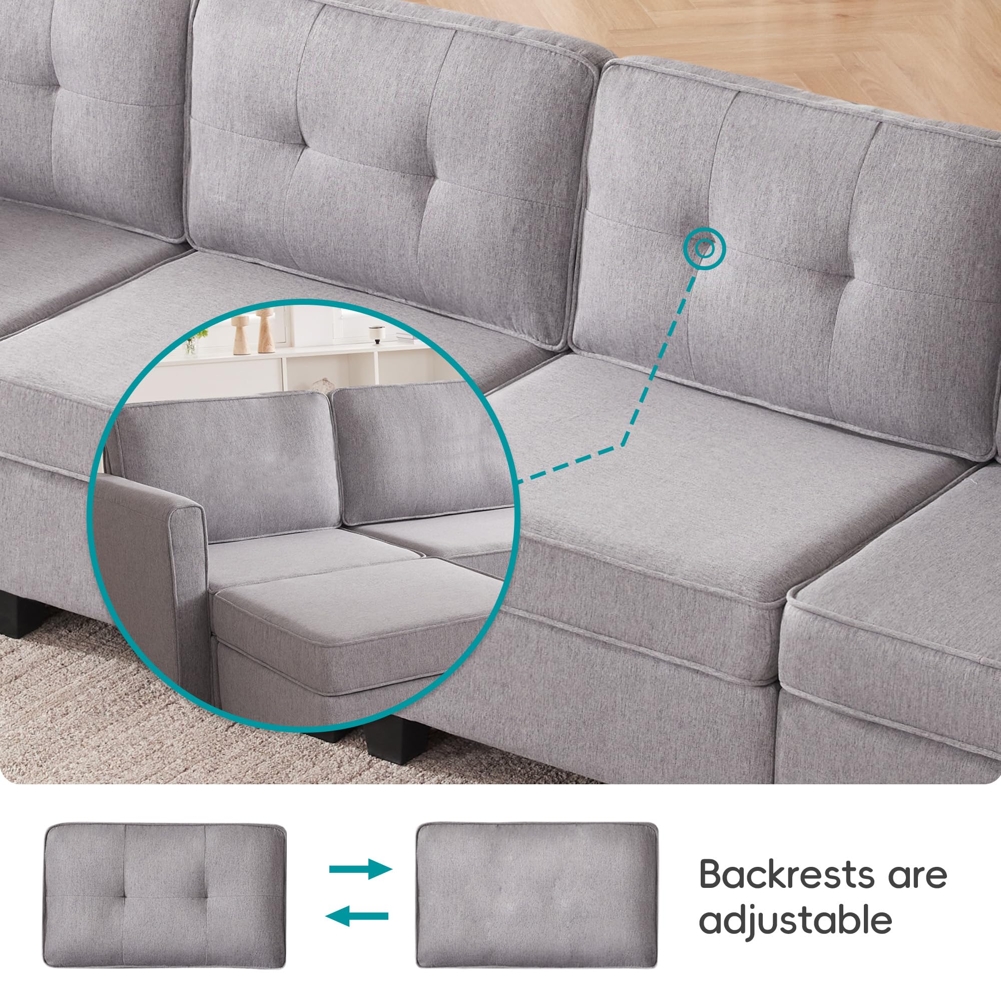 Tbfit Modular Sectional Couch Sofa, Convertible U Shaped Couch with Storage Ottomans, 6 Seat Modular Sectionals Sofa Couches for Living Room, Light Grey