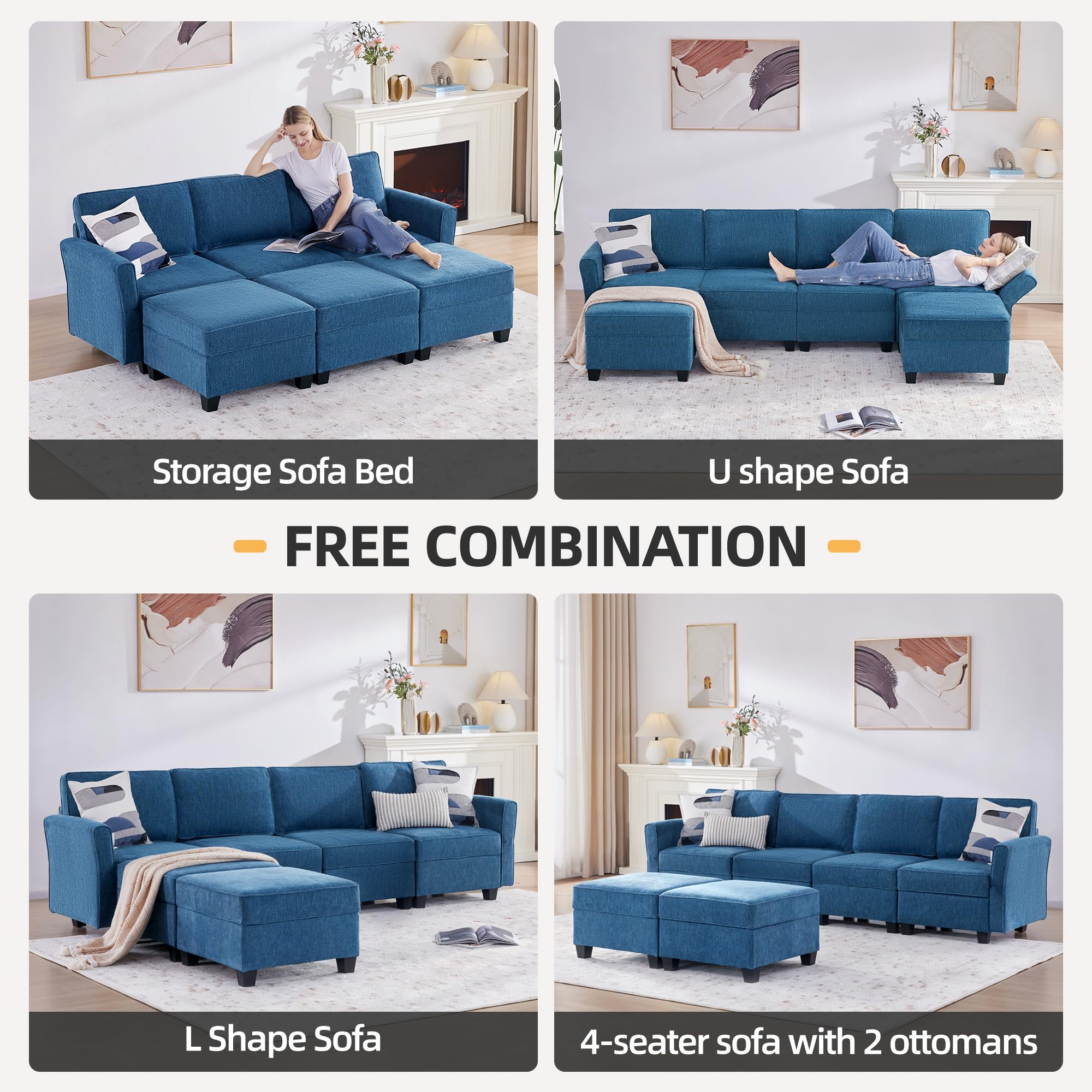 Tbfit Modular Sectional Sofas for Living Room, Sleeper Sofa Bed with Storage Ottoman, Convertible U-Shaped Couch with Adjustable Armrests and Backrests, Blue(Chenille)