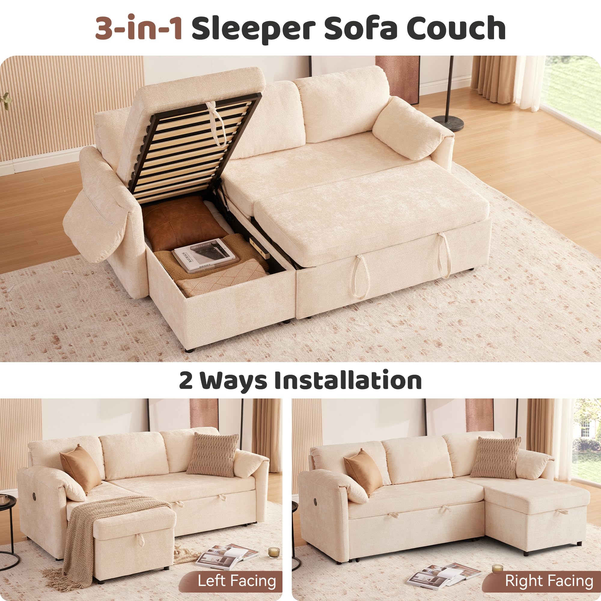 Tbfit Sleeper Sofa Couch with Pullout Bed, 83’’Sofa Bed Couch with Storage Chaise & USB, Chenille Convertible Sleeper Sofa, Pull Out Sofa for Living Room, Beige