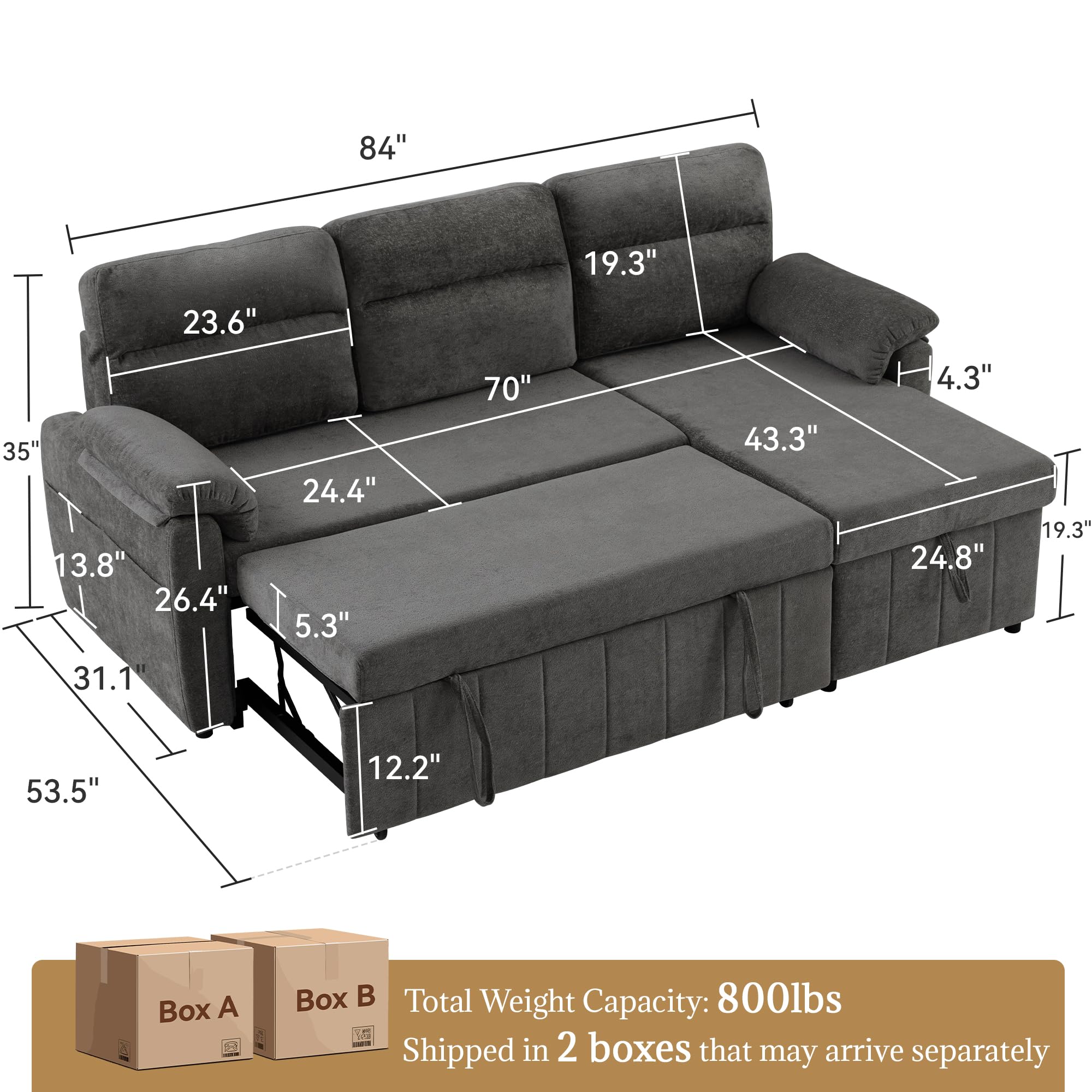 Tbfit 84’’ 3 in 1 Sleeper Sofa Couch with Pullout Bed, Cloud Sofa Bed Couch with Storage Chaise & USB, Chenille Velvet Convertible Sleeper Sofa, Pull Out Sofa for Living Room, Small Spaces, Dark Gray