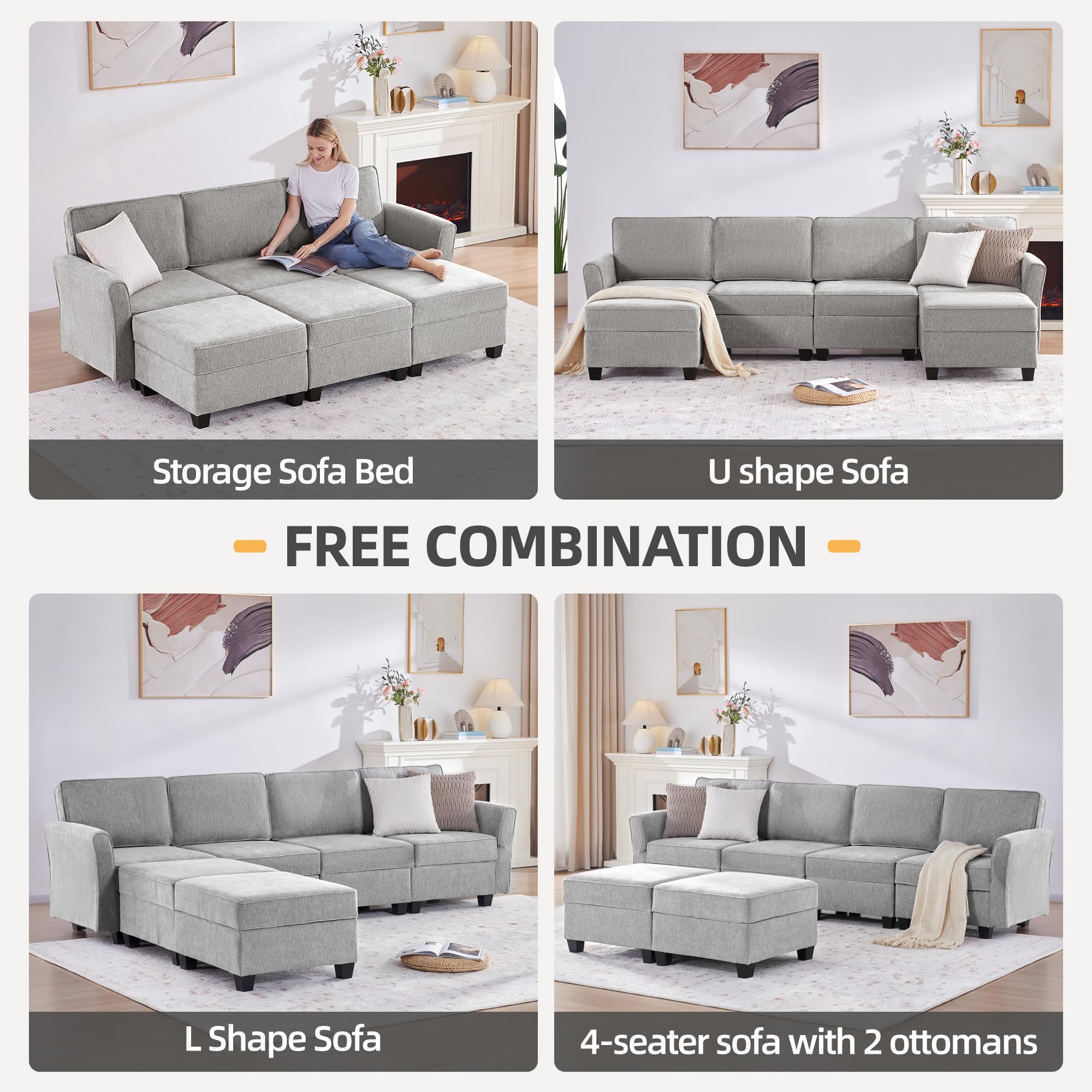 Tbfit Modular Sectional Sofas for Living Room, Sleeper Sofa Bed with Storage Ottoman, Convertible U-Shaped Couch with Adjustable Armrests and Backrests, Light Grey(Chenille)