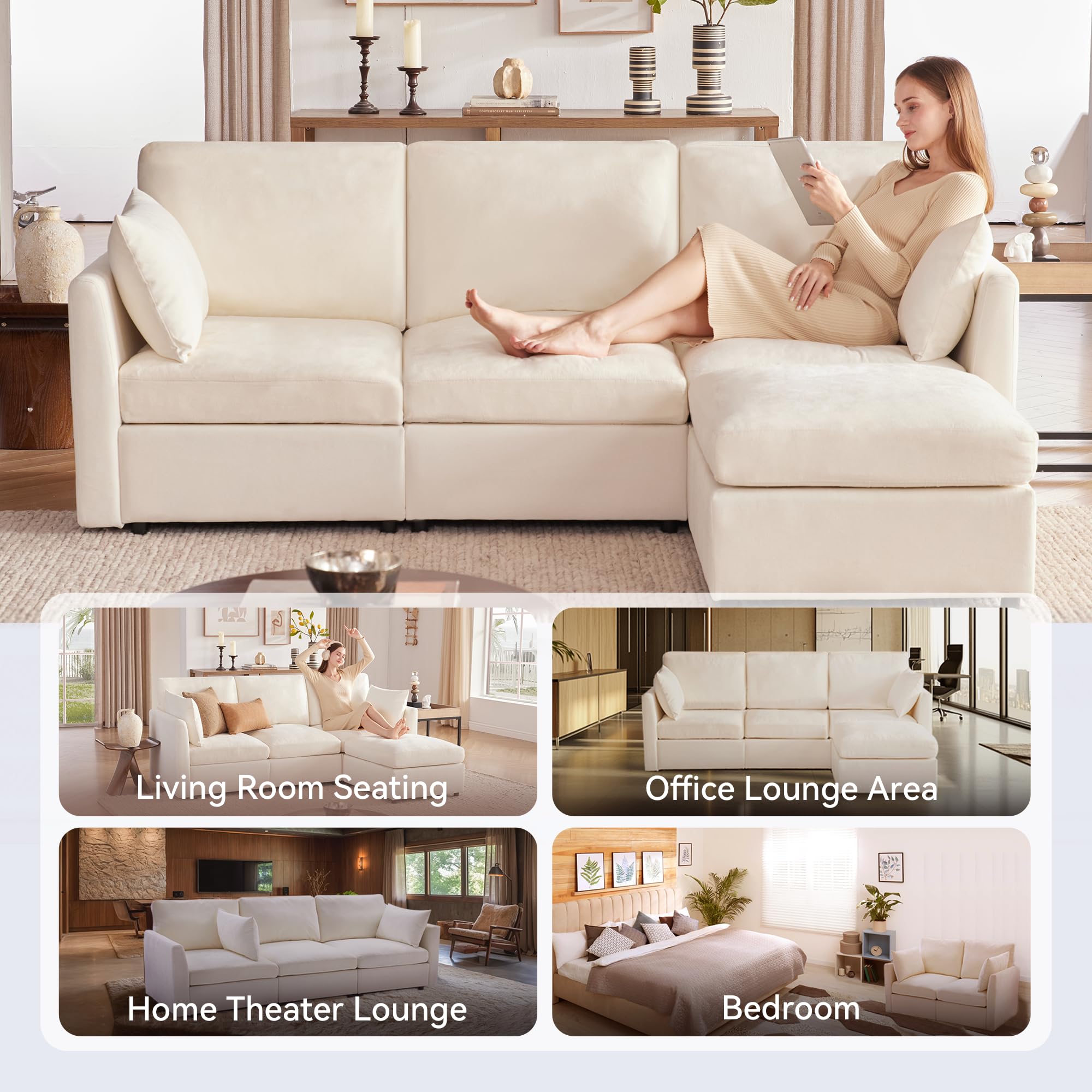 Tbfit Convertible L-Shaped Couch, Oversized Comfortable Sectional Sofa for Living Room, Cloud Couch with Soft Chenille Fabric, Beige