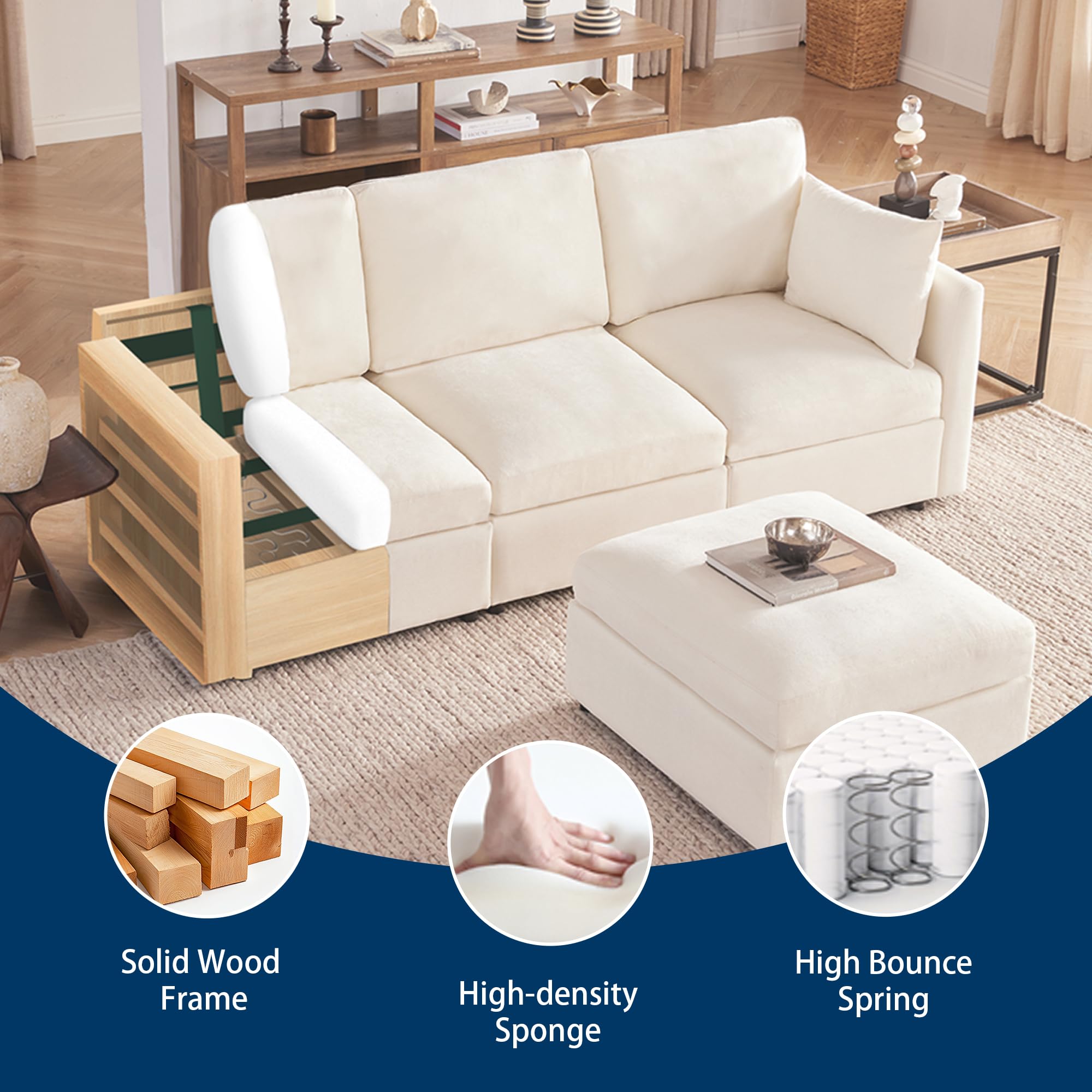 Tbfit Convertible L-Shaped Couch, Oversized Comfortable Sectional Sofa for Living Room, Cloud Couch with Soft Chenille Fabric, Beige