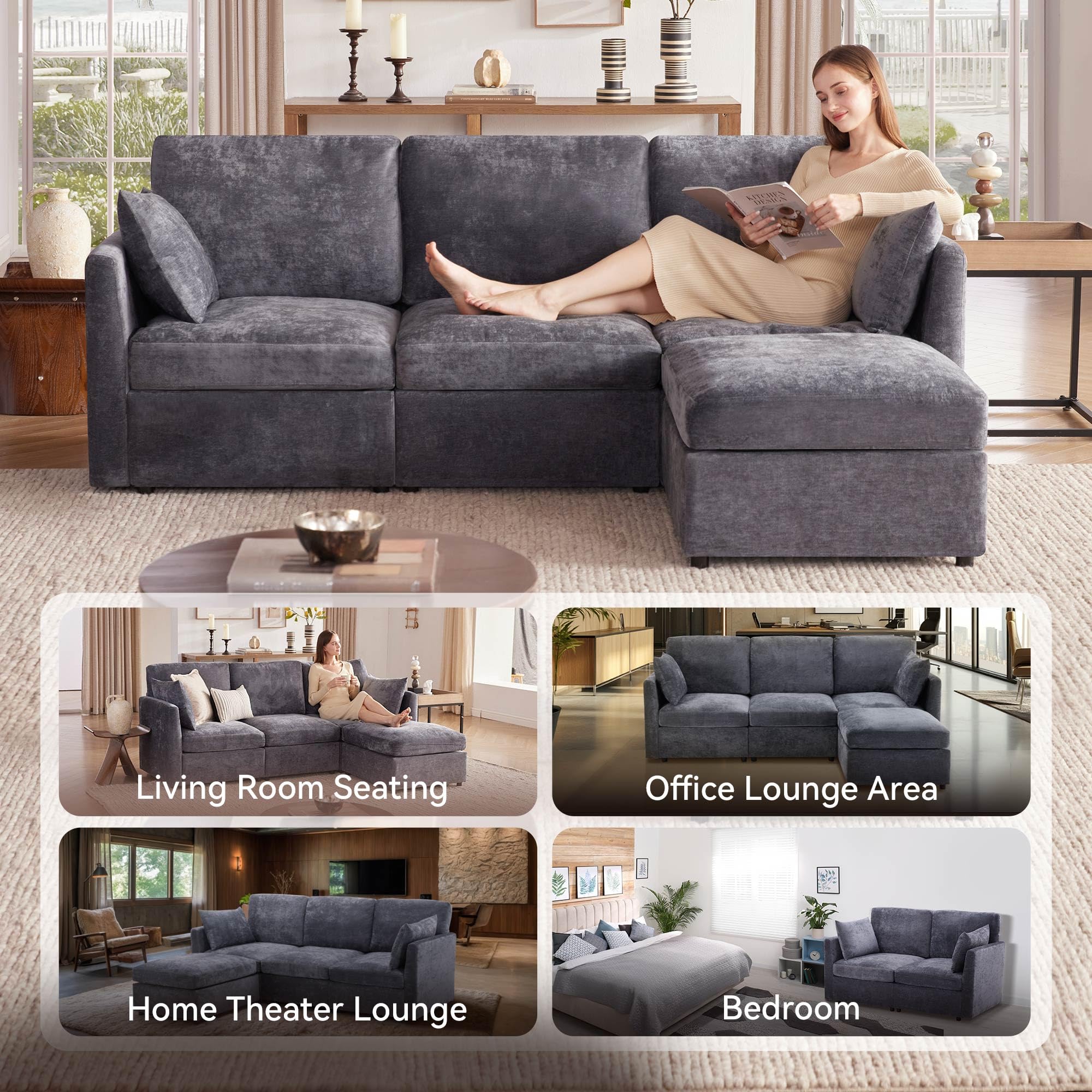 Tbfit Convertible L-Shaped Couch, Oversized Comfortable Sectional Sofa for Living Room, Cloud Couch with Soft Chenille Fabric-P (Grey)