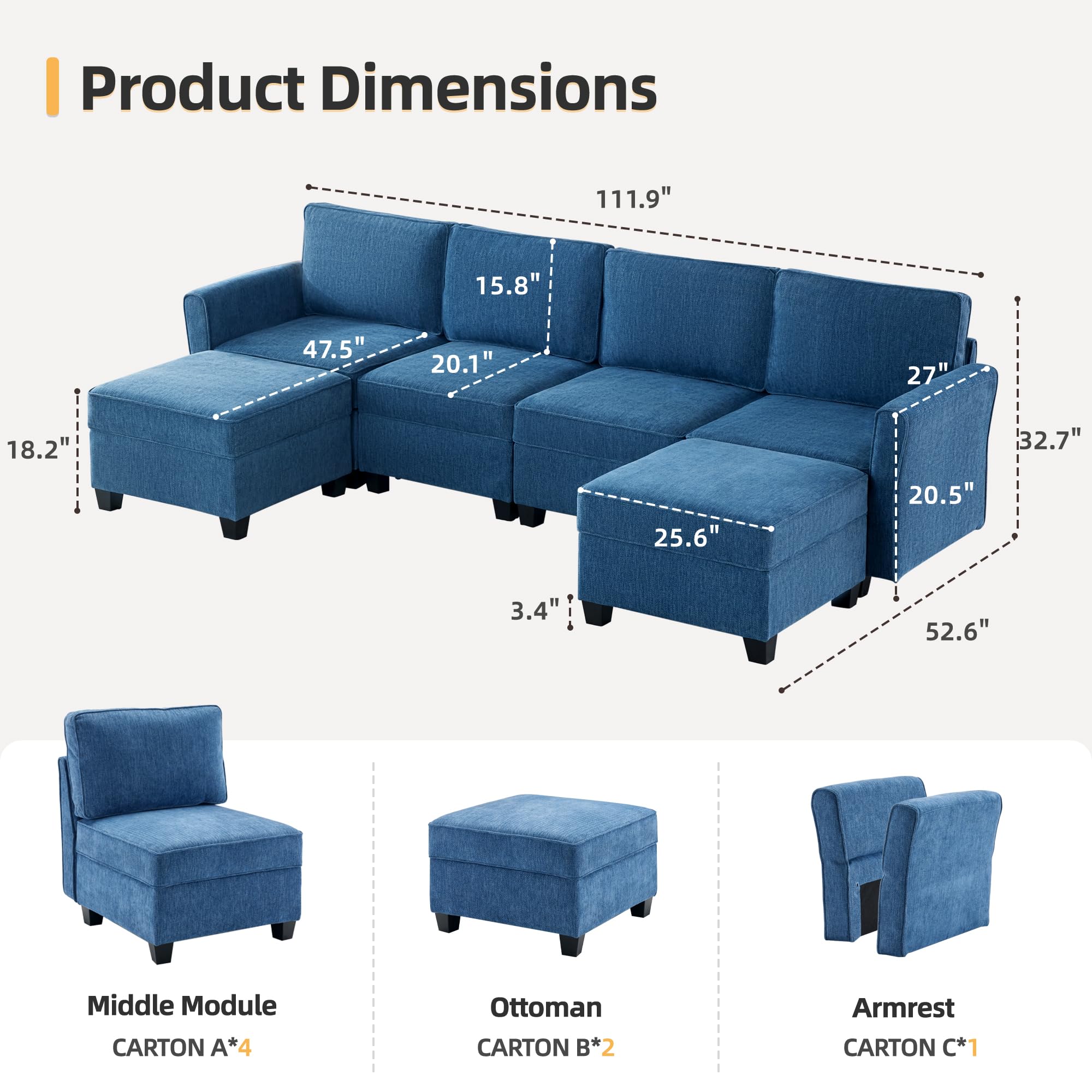 Tbfit Modular Sectional Sofas for Living Room, Sleeper Sofa Bed with Storage Ottoman, Convertible U-Shaped Couch with Adjustable Armrests and Backrests, Blue(Chenille)