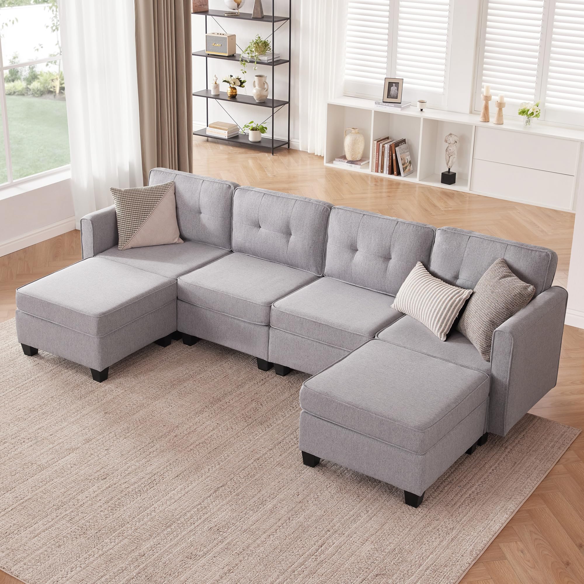 Tbfit Modular Sectional Couch Sofa, Convertible U Shaped Couch with Storage Ottomans, 6 Seat Modular Sectionals Sofa Couches for Living Room, Light Grey