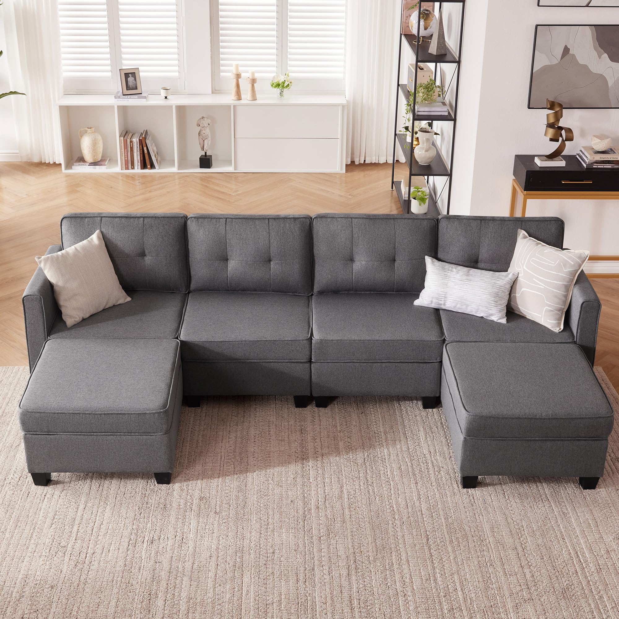 Tbfit Modular Sectional Sofa with Storage, Convertible U Shaped Sofa Couch with Ottomans, Modular Sectionals Sofa Couch with Chaise 6 Seat for Living Room, Dark Grey