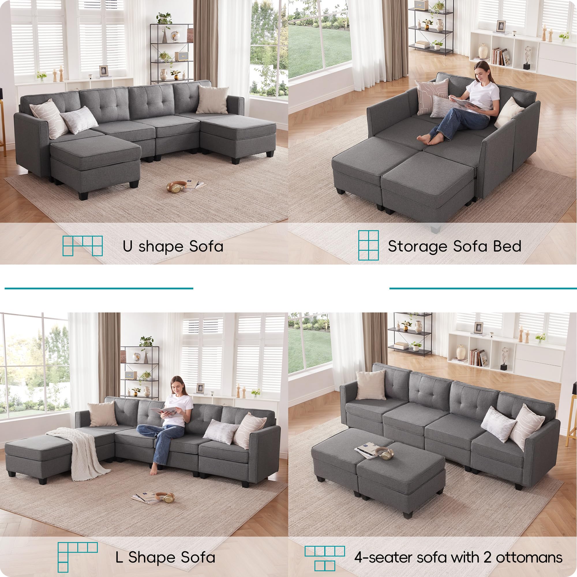 Tbfit Modular Sectional Sofa with Storage, Convertible U Shaped Sofa Couch with Ottomans, Modular Sectionals Sofa Couch with Chaise 6 Seat for Living Room, Dark Grey