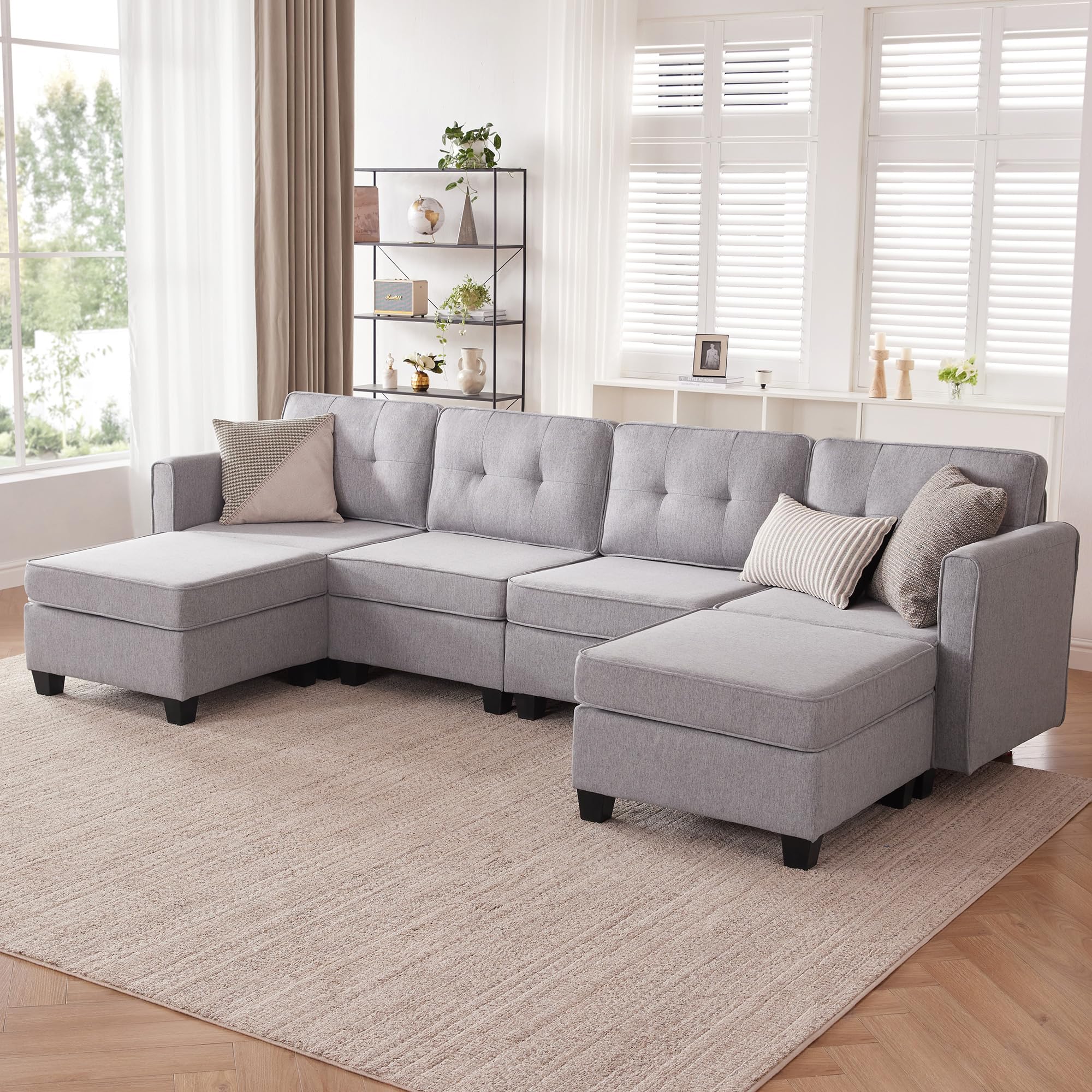 Tbfit Modular Sectional Couch Sofa, Convertible U Shaped Couch with Storage Ottomans, 6 Seat Modular Sectionals Sofa Couches for Living Room, Light Grey