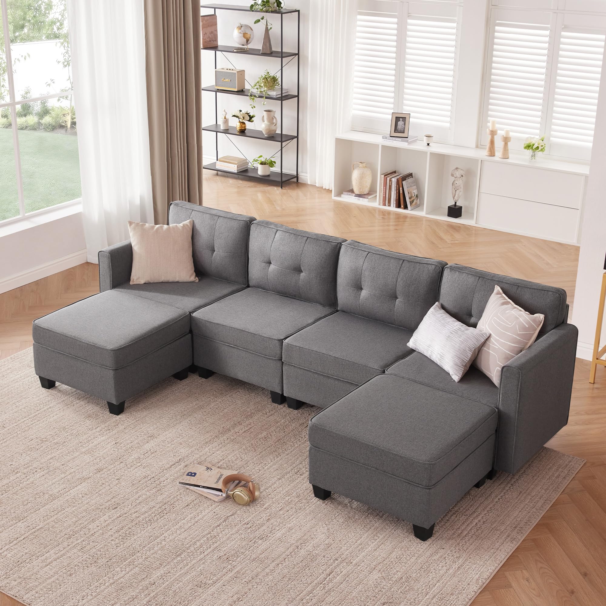 Tbfit Modular Sectional Sofa with Storage, Convertible U Shaped Sofa Couch with Ottomans, Modular Sectionals Sofa Couch with Chaise 6 Seat for Living Room, Dark Grey