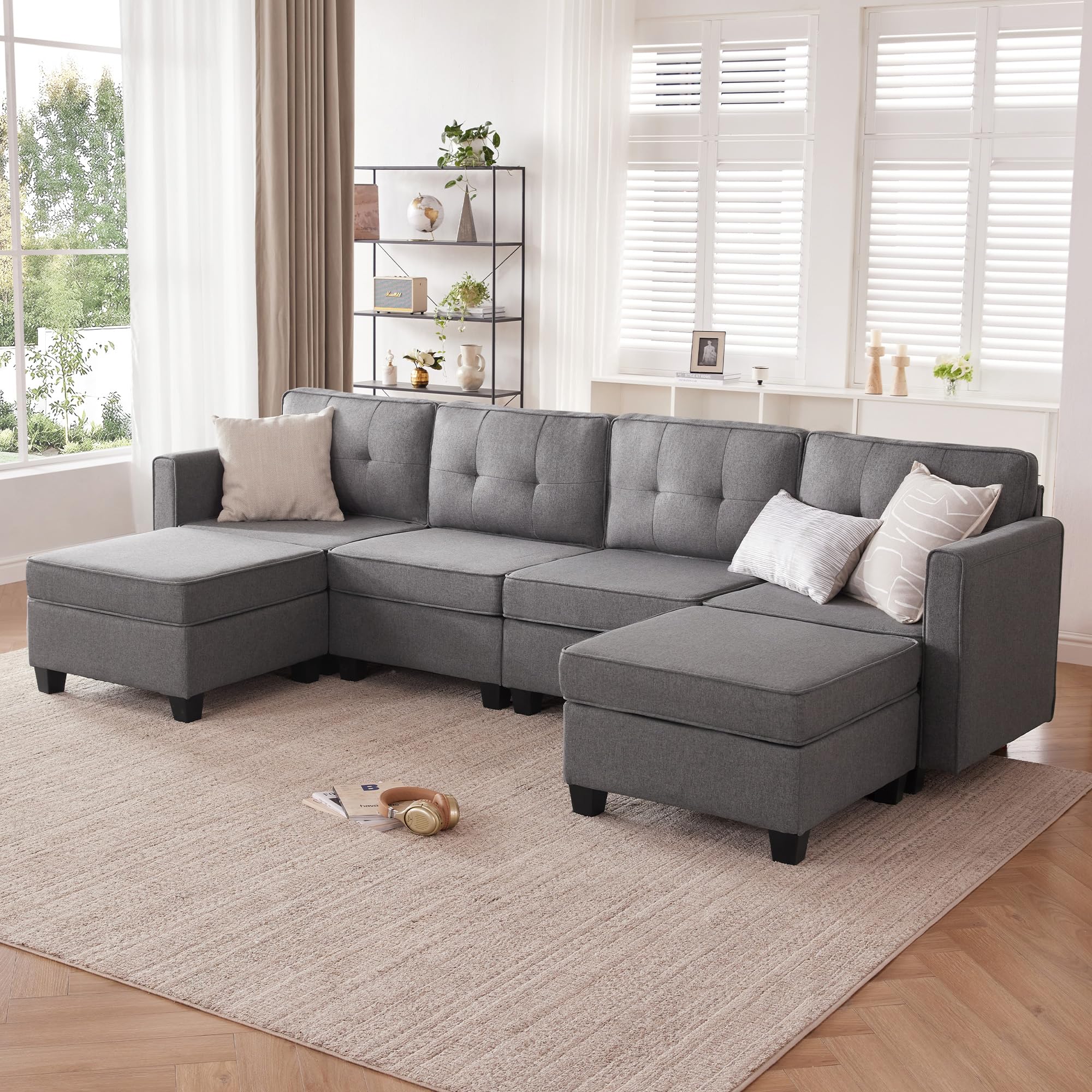 Tbfit Modular Sectional Sofa with Storage, Convertible U Shaped Sofa Couch with Ottomans, Modular Sectionals Sofa Couch with Chaise 6 Seat for Living Room, Dark Grey