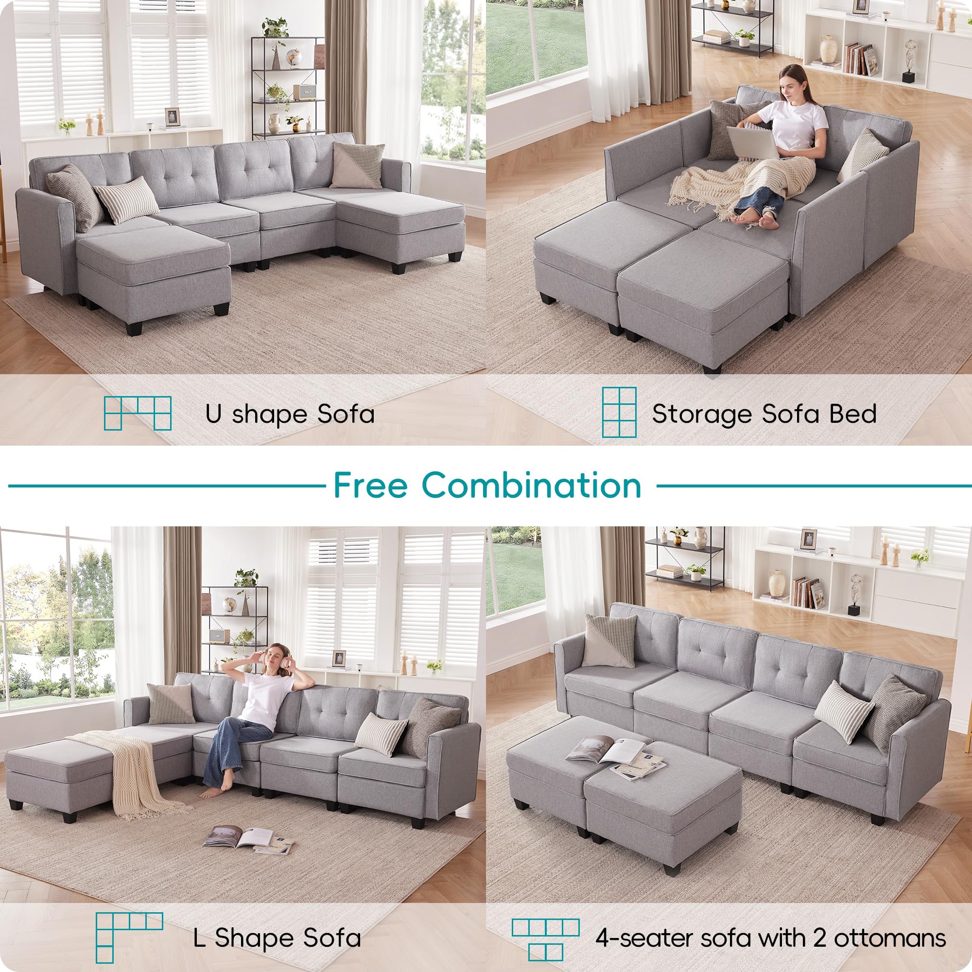 Tbfit Modular Sectional Couch Sofa, Convertible U Shaped Couch with Storage Ottomans, 6 Seat Modular Sectionals Sofa Couches for Living Room, Light Grey