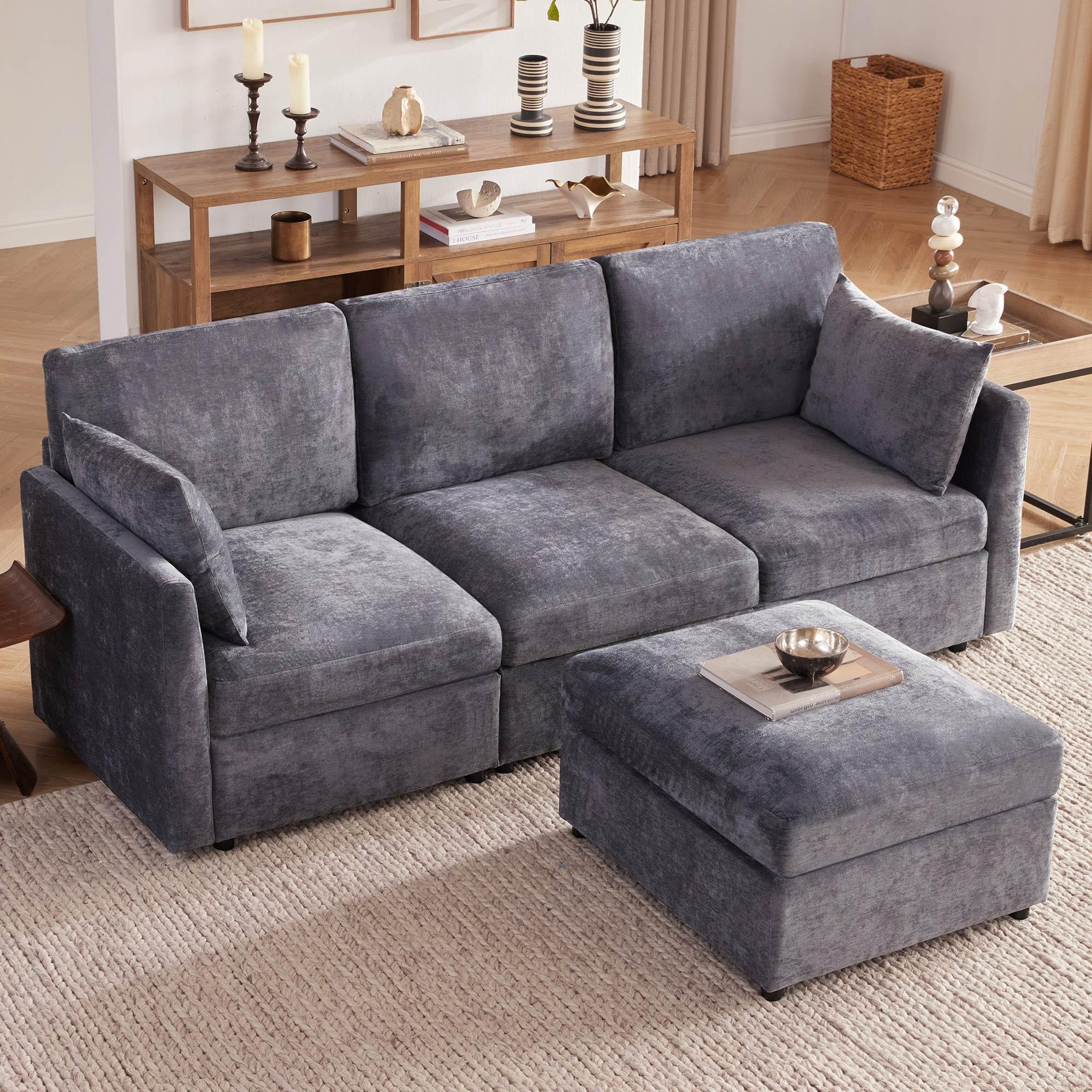 Tbfit Convertible L-Shaped Couch, Oversized Comfortable Sectional Sofa for Living Room, Cloud Couch with Soft Chenille Fabric-P (Grey)